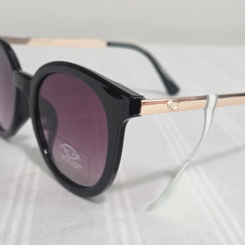 Oscar by Oscar de la Renta Womens Black Round Cat Eye Sunglasses Gold Temples
